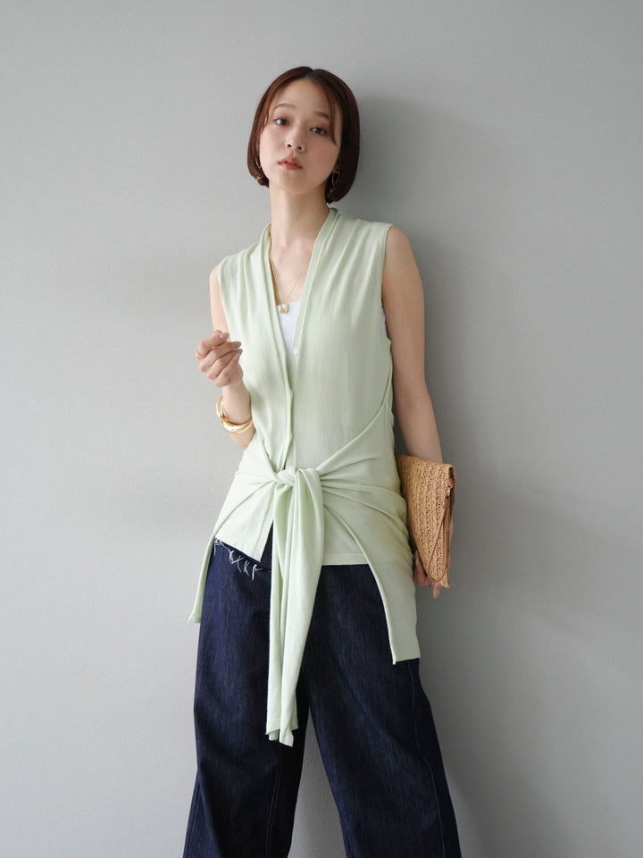 [SET]腰巻きデザインノースリーブニットカーディガン+ヒップデザインデニムパンツ(2set)