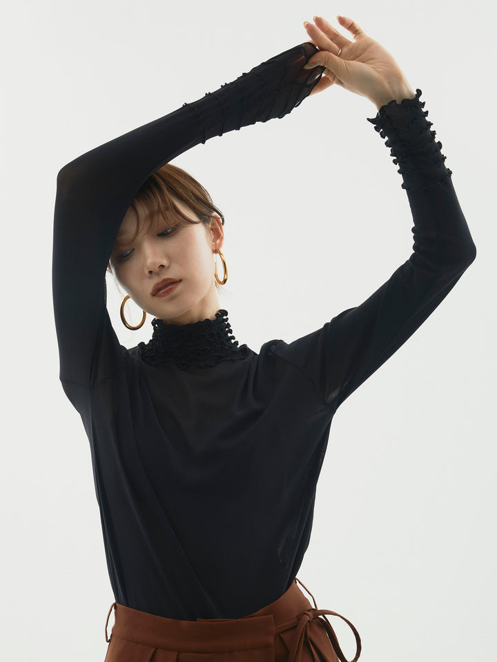 【Allure】[SET]シアーフリルメロートップス+ラップデザインタックワイドパンツ(2set)