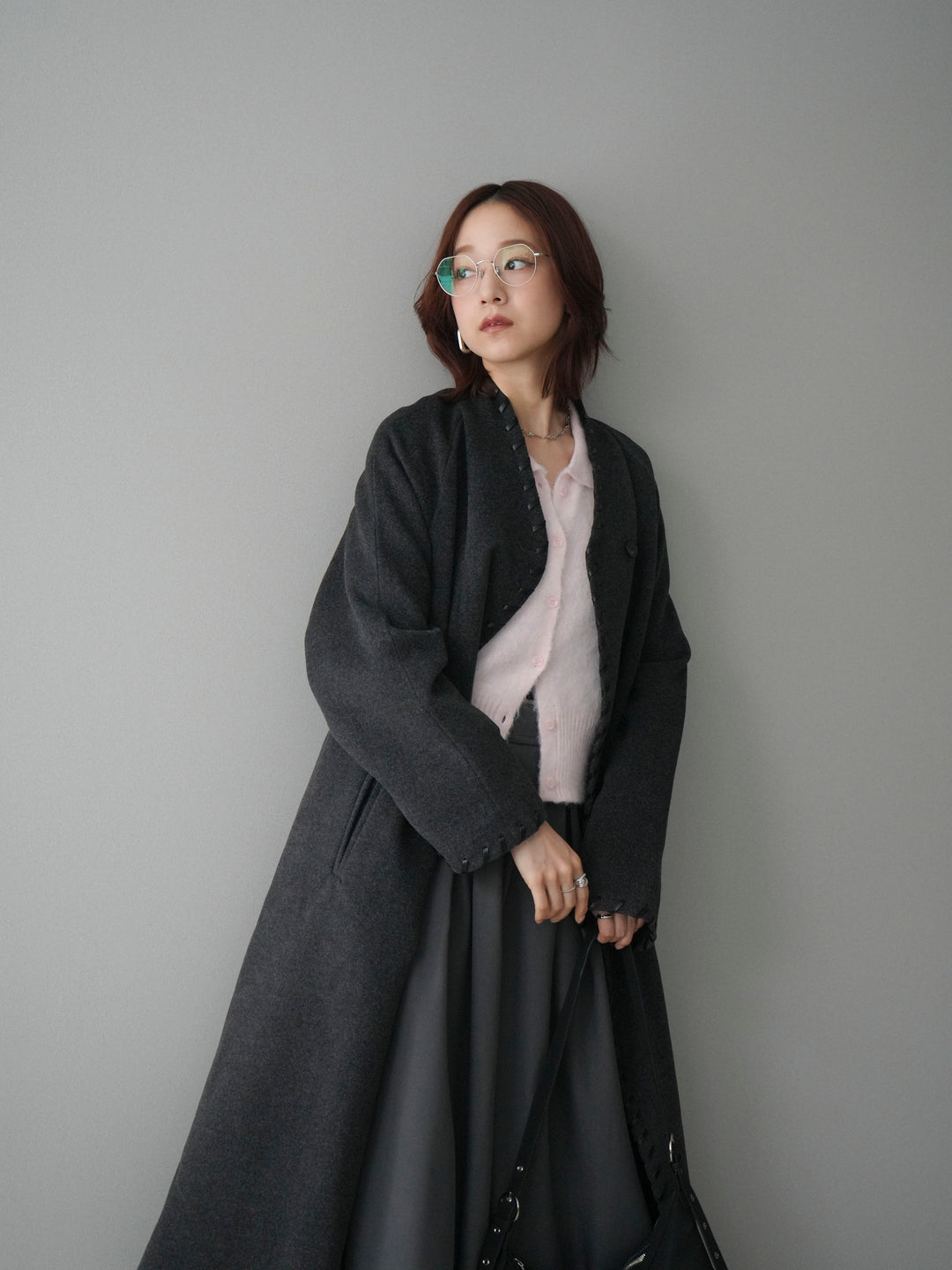 [SET]ハンドステッチ裏中綿ロングコート+テープベルトタックバギーパンツ(2set)