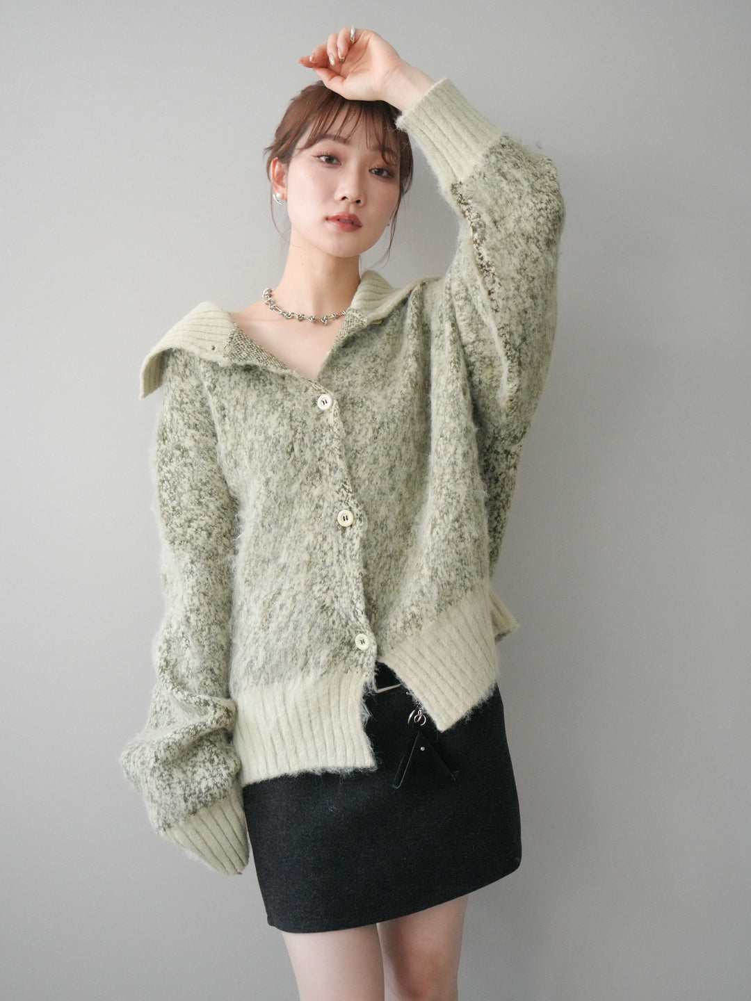 [予約]リブ切替メランジニットカーディガン/green