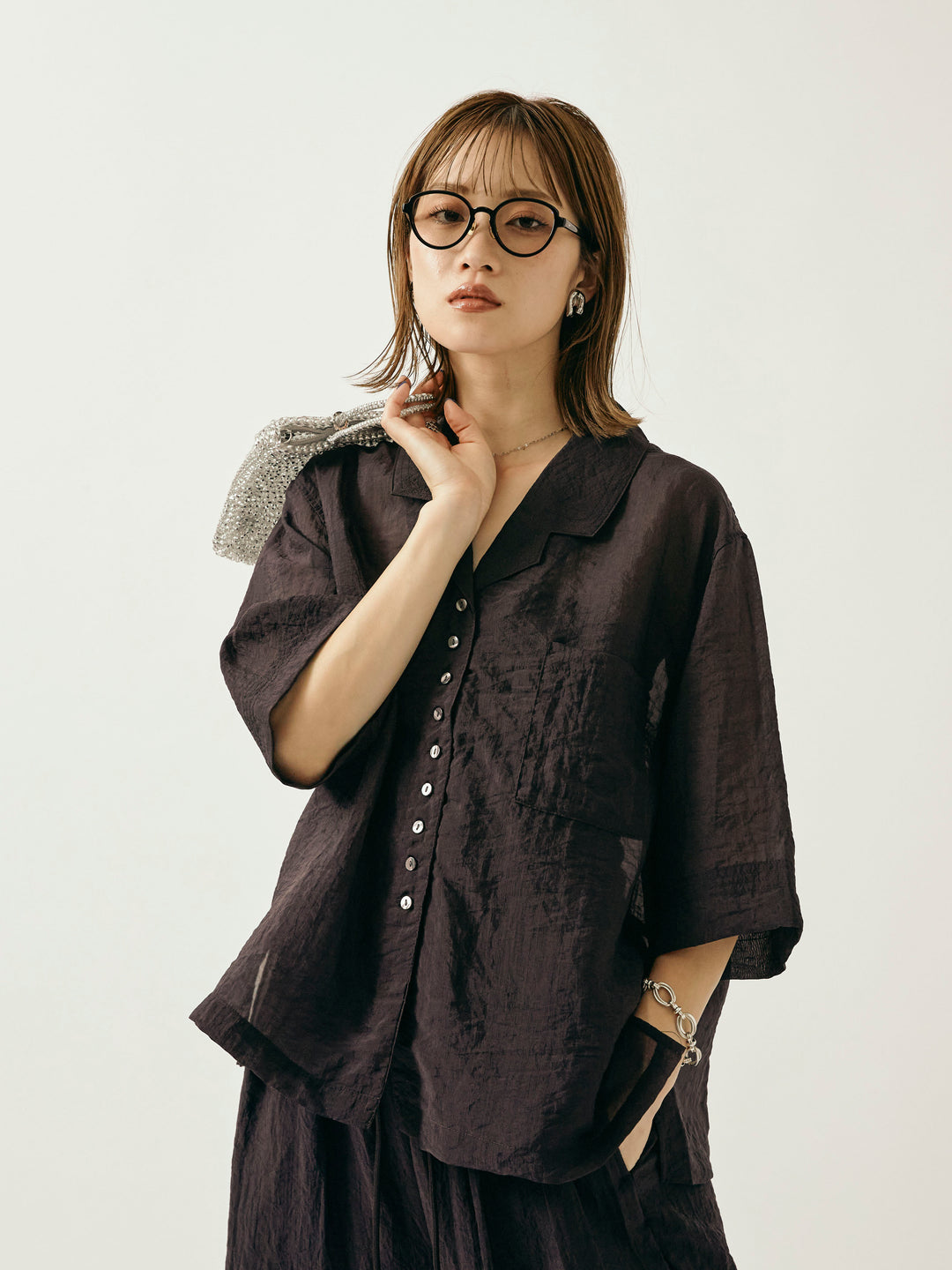 【Allure】[SET]シャイニースラブシアー開襟ハーフシャツ+シャイニースラブシアーワイドパンツ(2set)