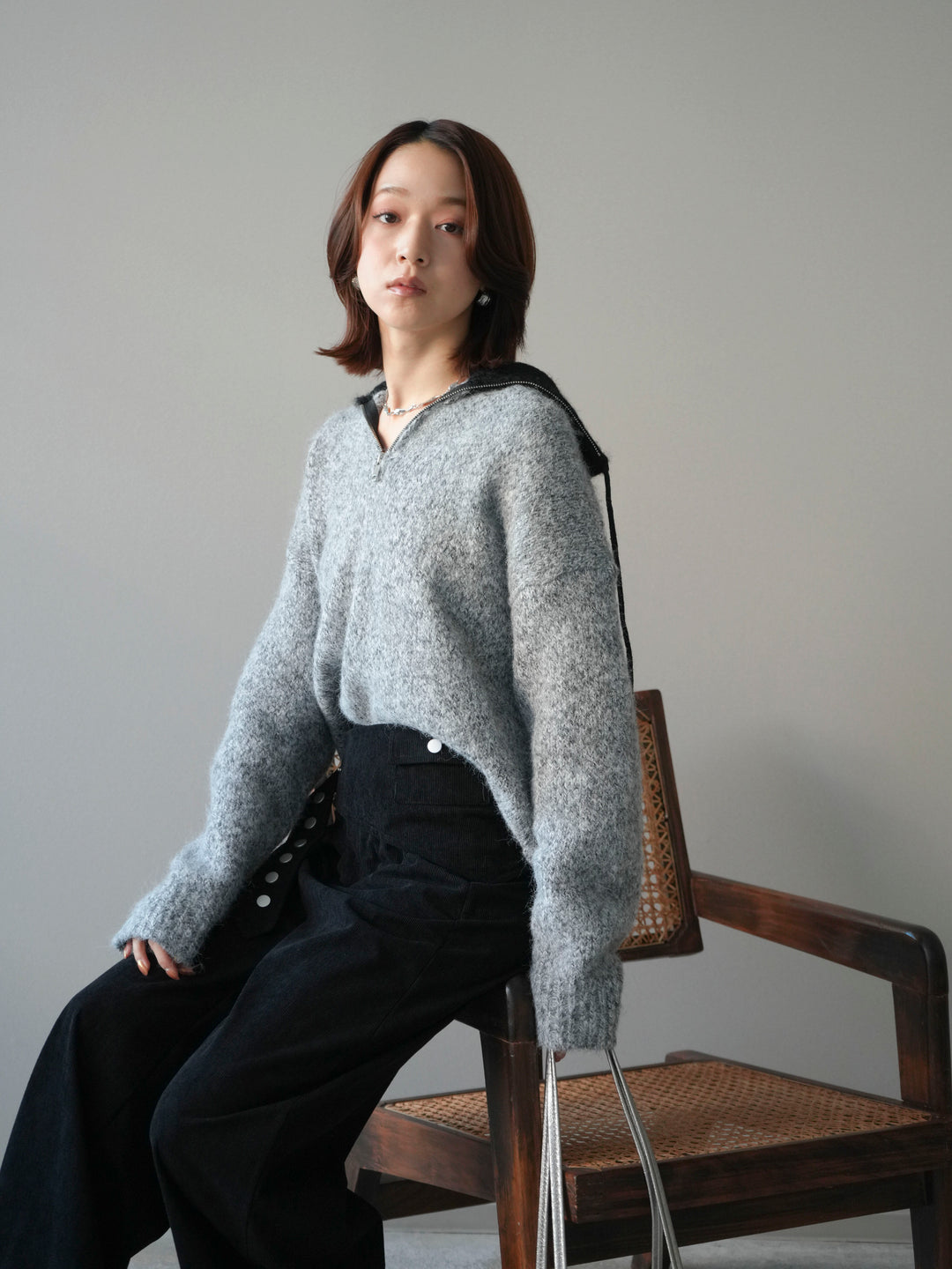 [予約]バイカラージップニットプルオーバー/gray