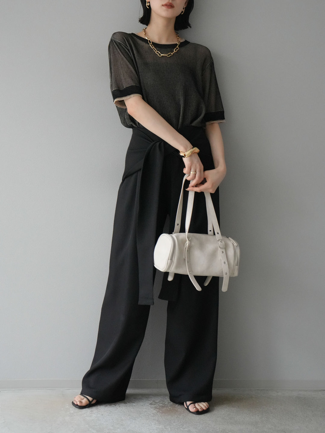 [SET]リネンタッチ配色二重臼ハーフニットトップス+ウエスト巻きデザインワイドパンツ(2set)