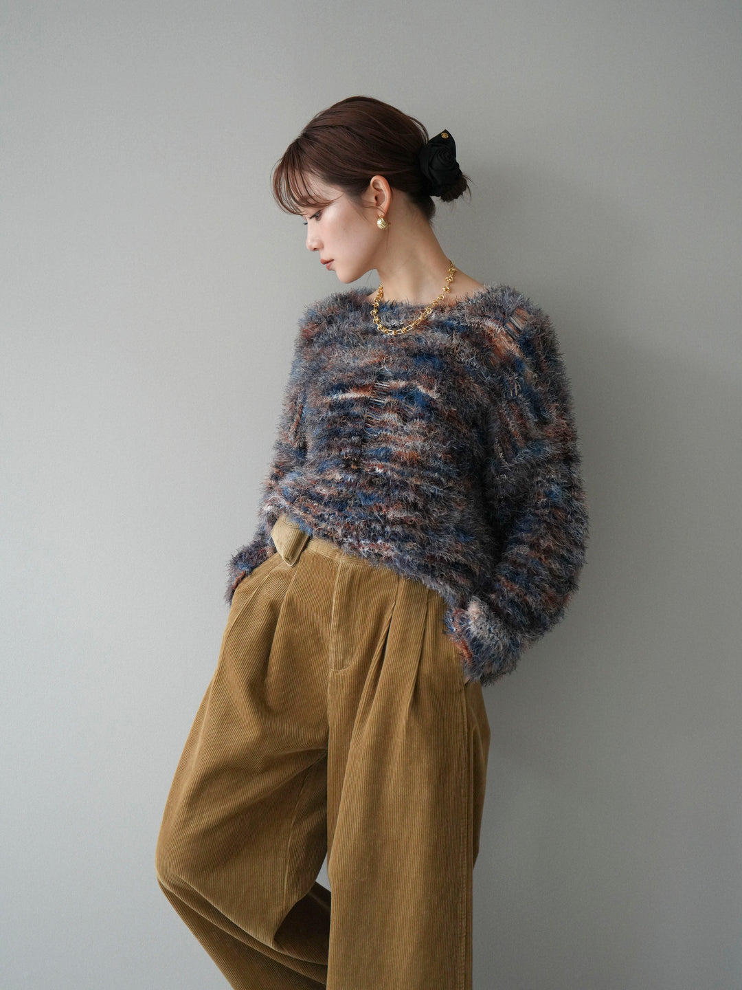 [予約]ミックスシャギールーズニットプルオーバー/blue