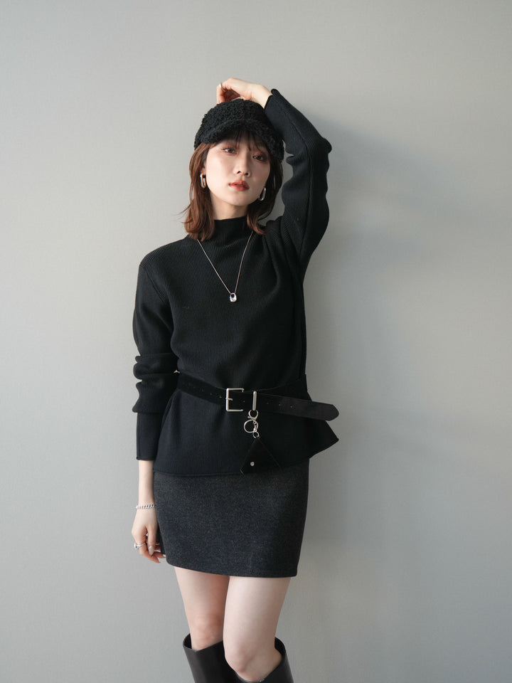 [予約]ボトルネック裾カールリブニットトップス/black