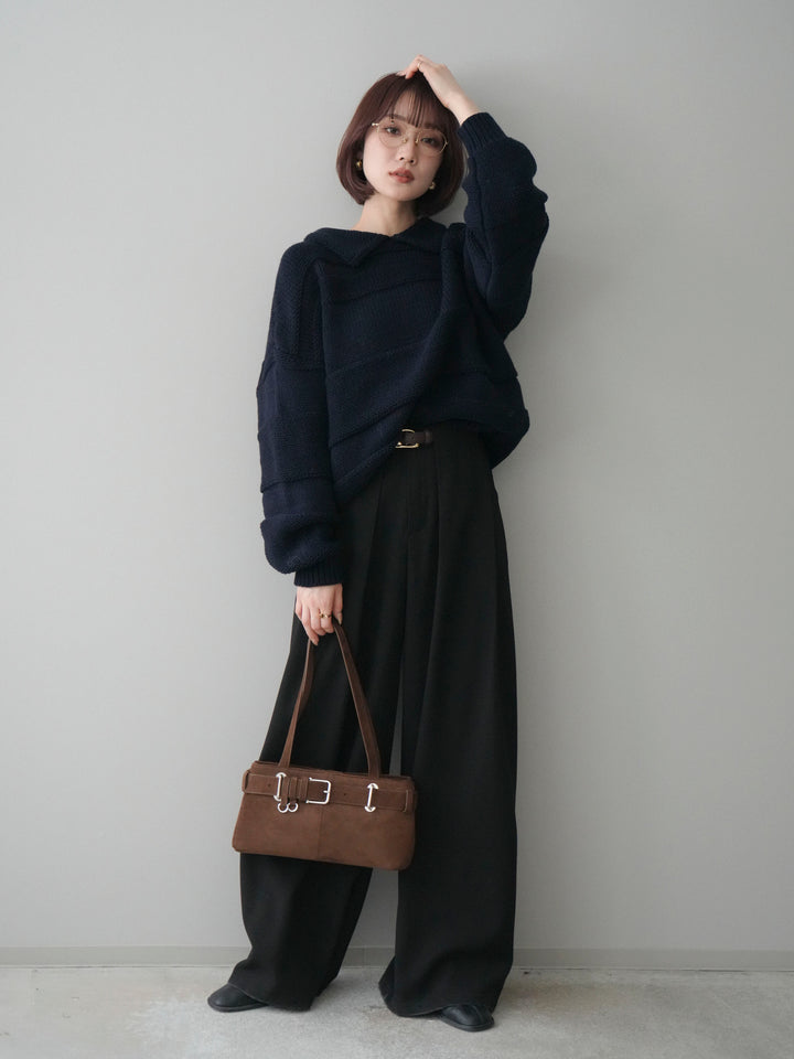 [SET]襟付きボーダー編みニットプルオーバー+ベルトループデザインワイドパンツ(2set)