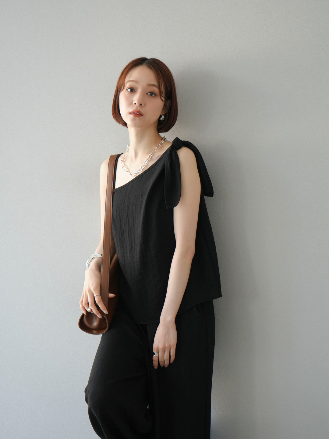 [SET]アシンメトリーショルダーデザイントップス＆ワイドパンツSET UP(2set)