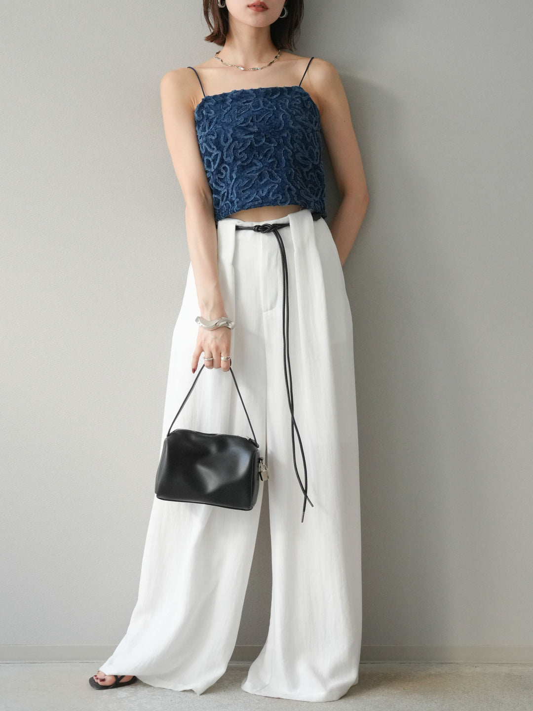 [予約]ロープデザインベルトリネンタッチワイドパンツ/オフ