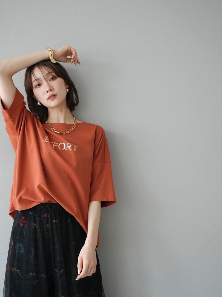 [予約]異素材メタリックロゴ刺繍×プリントTシャツ/オレンジ