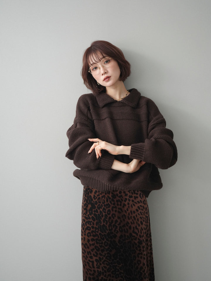 [予約]襟付きボーダー編みニットプルオーバー/brown