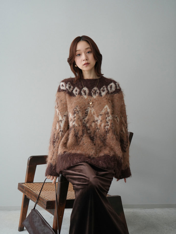 [SET]シャギーニュアンス柄ニットプルオーバー+ギャザーベロアスカート(2set)