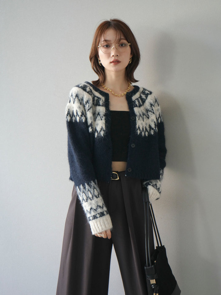 【着回しセット】[SET]求心柄クロップドニットカーディガン+ミックスヤーンペイズリー柄ニットカーディガン+ベルトループデザインワイドパンツ(3set)