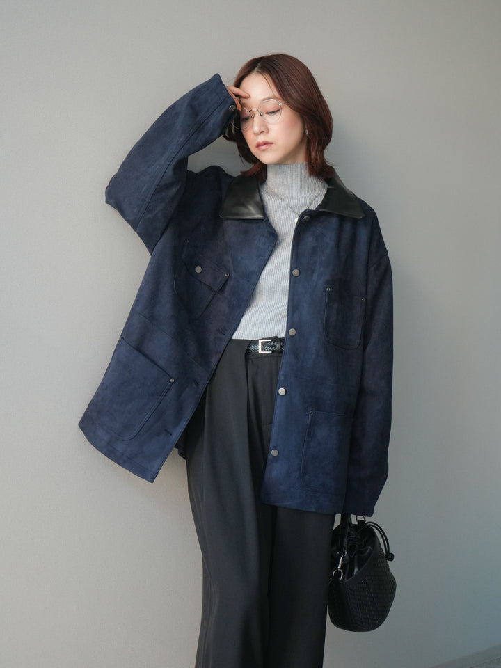 [SET]襟レザーステンカラースエードジャケット+袖ボタンボトルネックリブニットトップス+ベルトループデザインワイドパンツ(3set)