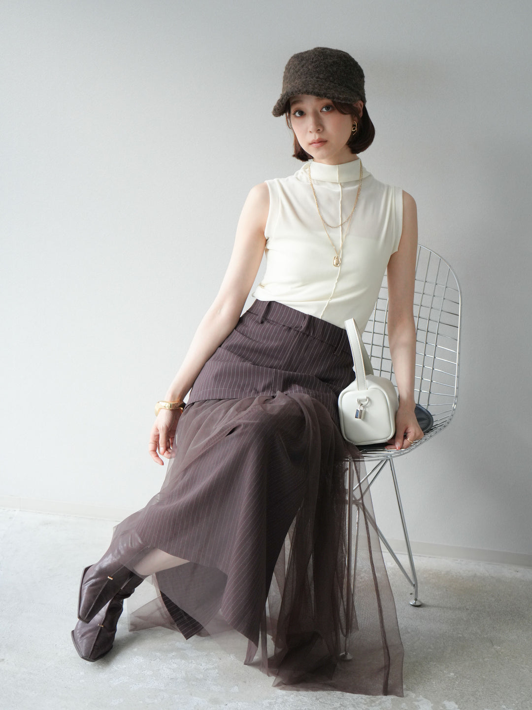 [予約]シアーベロアプチネックノースリーブトップス/アイボリー