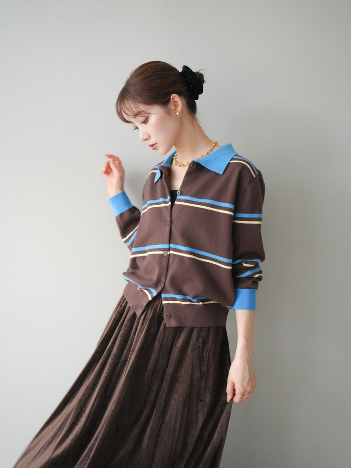 [予約]配色マルチボーダーポロニットカーディガン/brown