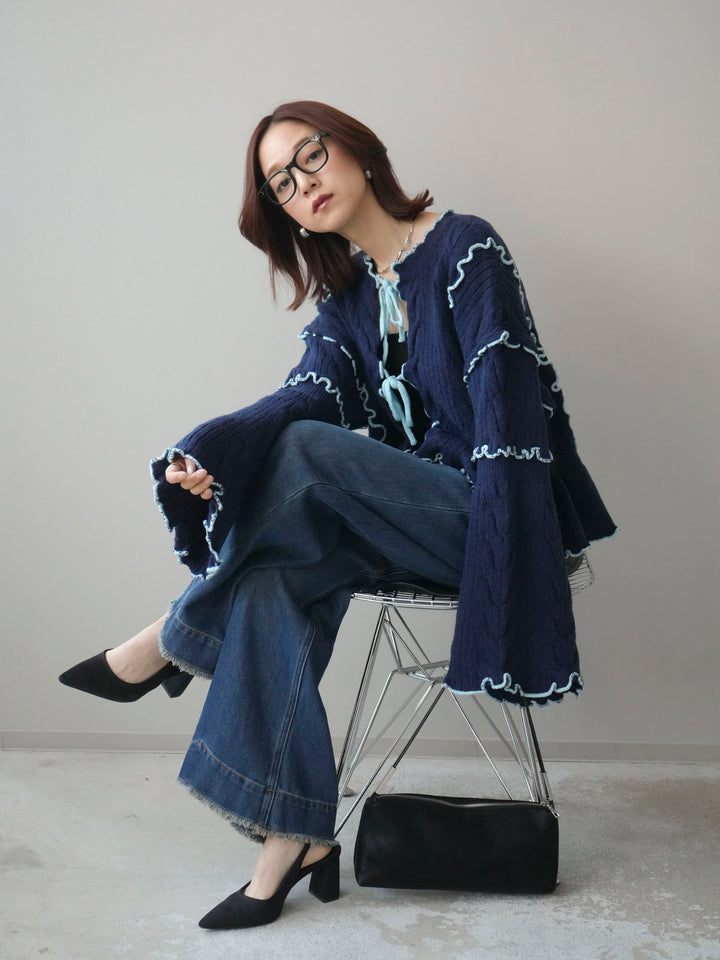 [SET]フロントリボン配色メローニットカーディガン+裏起毛裾フリンジワイドデニムパンツ(2set)