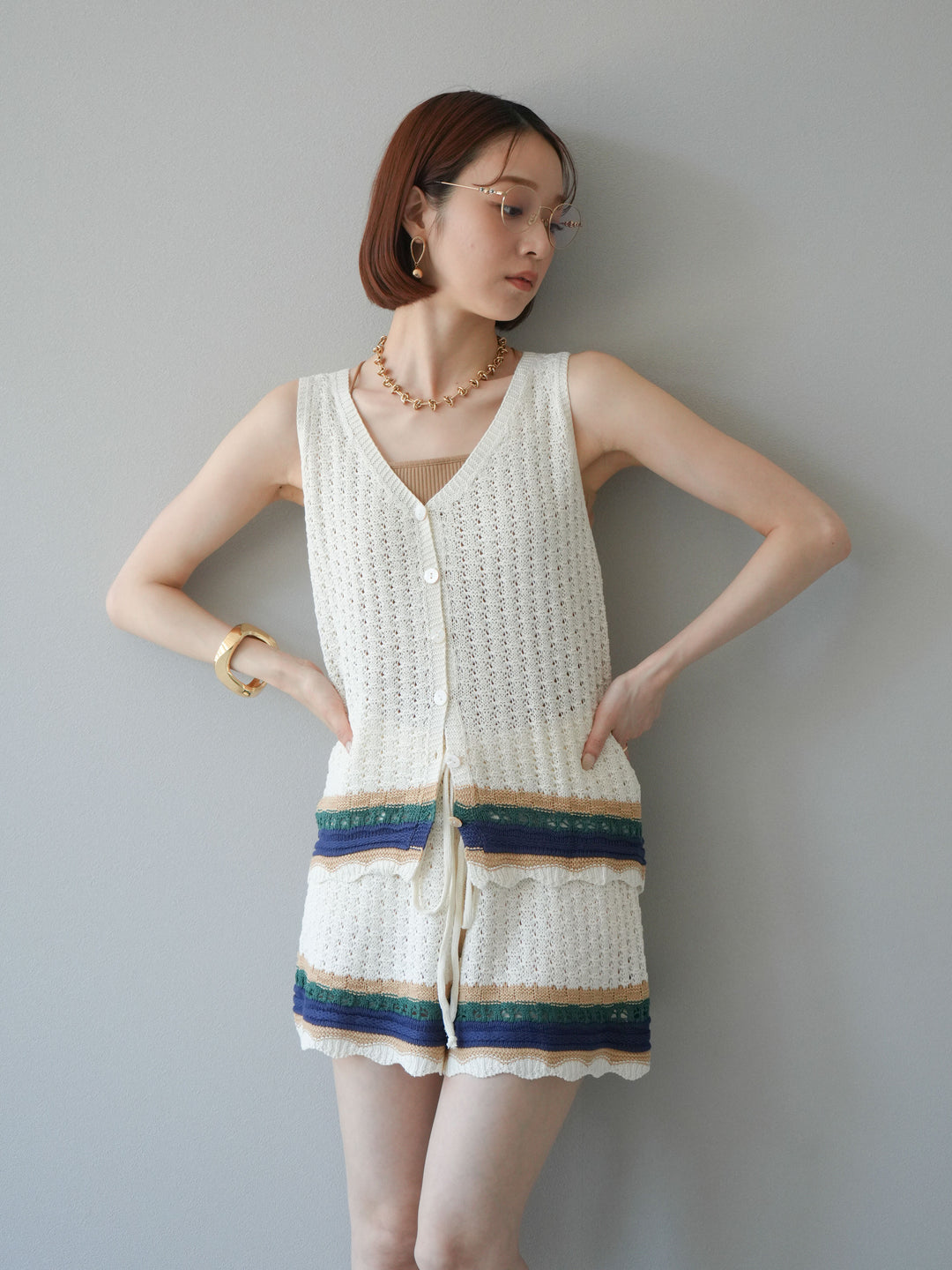 [SET]裾マルチボーダーニットベスト＆ショートパンツ SET UP(2set)