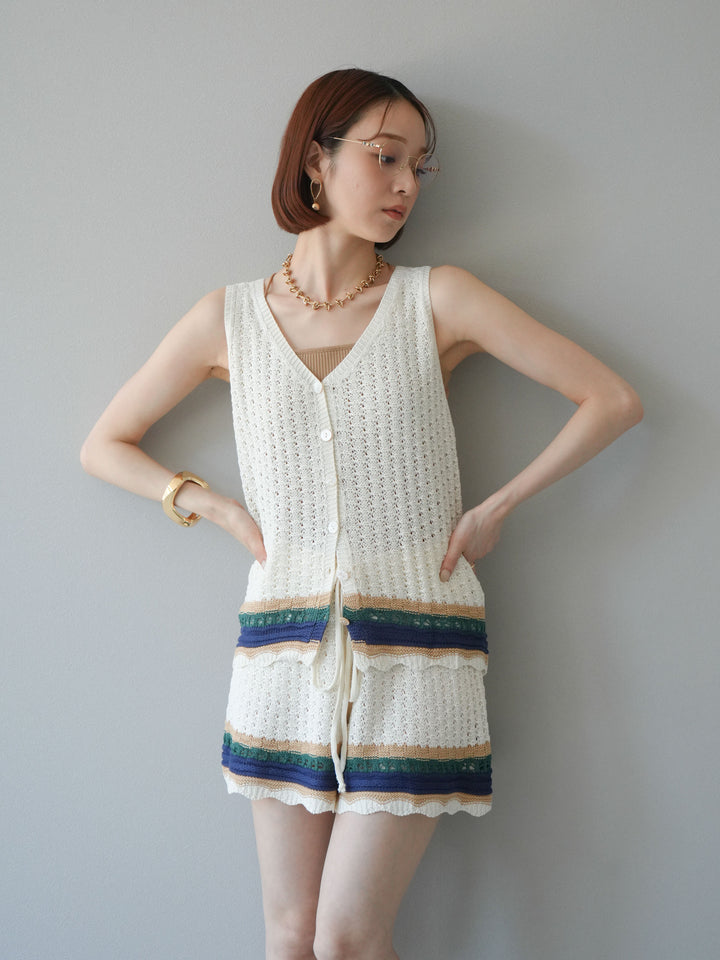 [SET]裾マルチボーダーニットベスト＆ショートパンツ SET UP(2set)