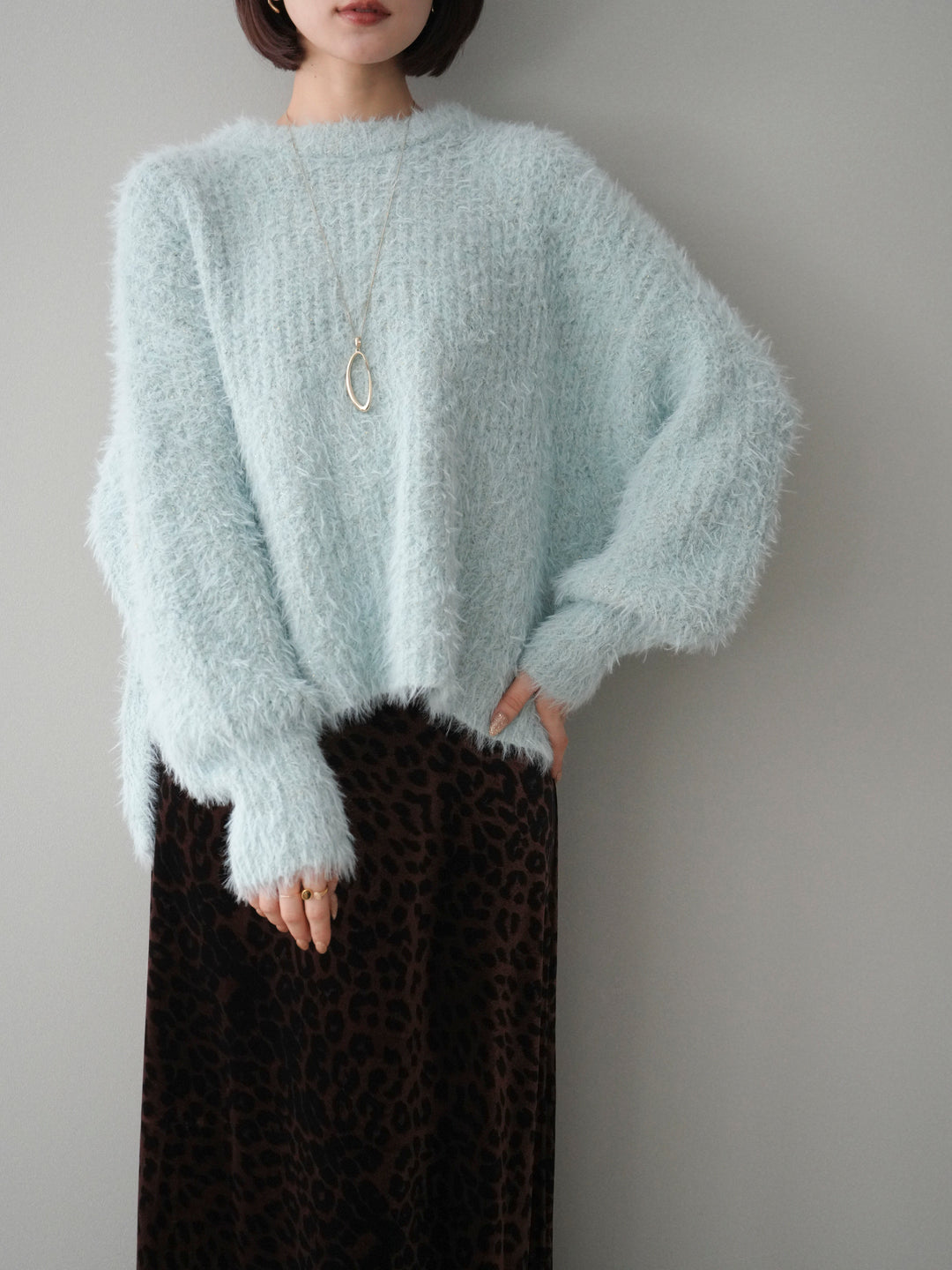[予約]ボリュームスリーブシャギー MIXニットプルオーバー/mint