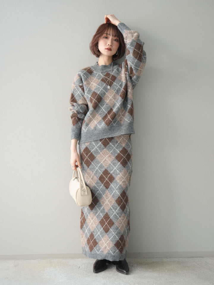 [SET]アーガイルニットプルオーバー&ロングスカートSET UP(2set)