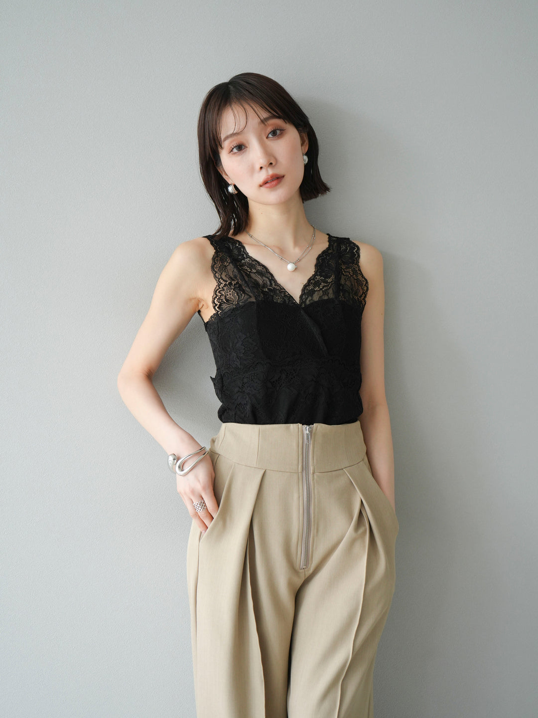 [予約]カップ付レースタンクトップ/ ブラック