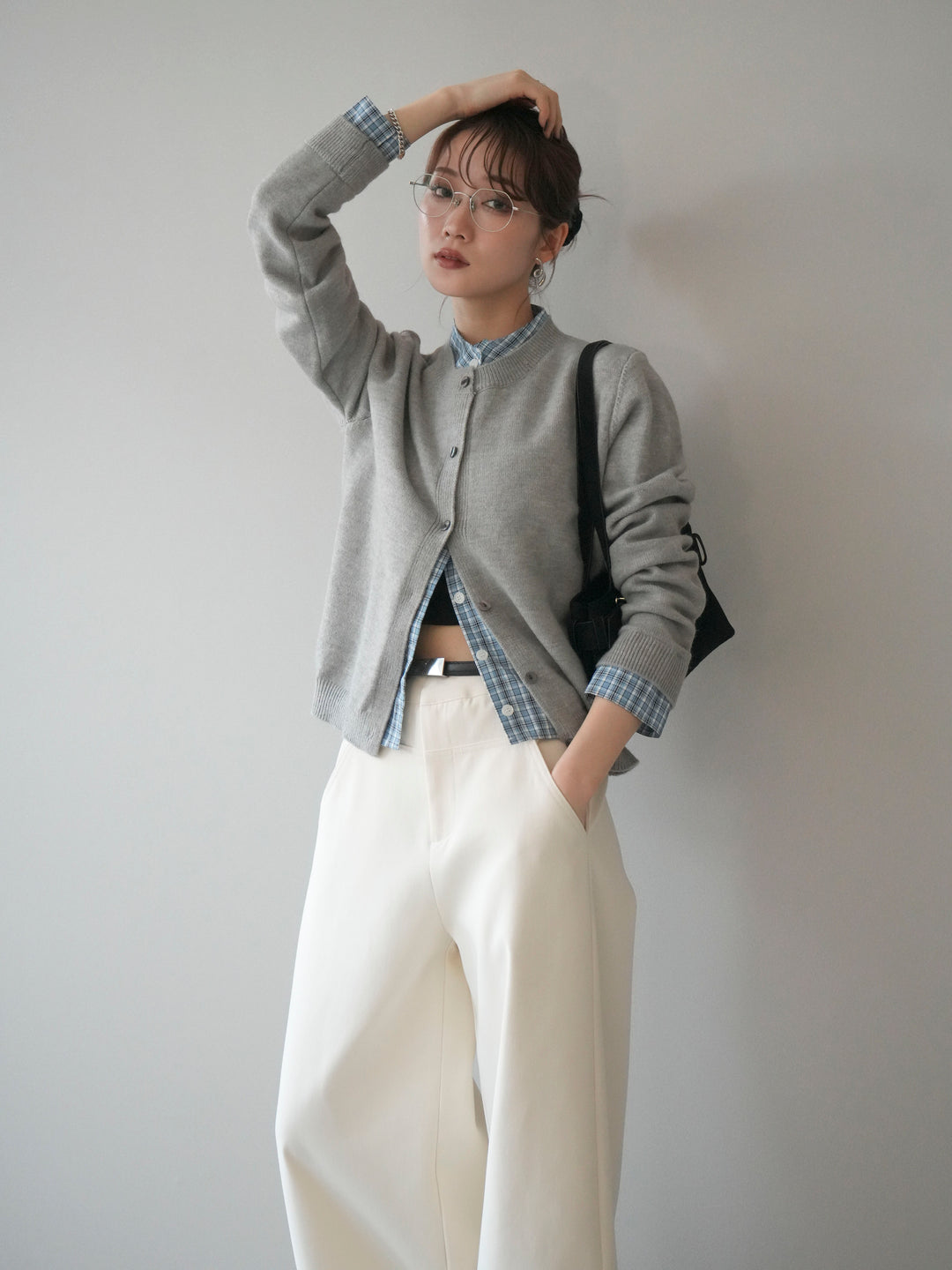 [予約]チェックシャツレイヤードデザインニットカーディガン/gray