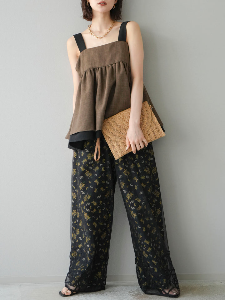 [予約]ブーケプリントタックパンツ/ブラック