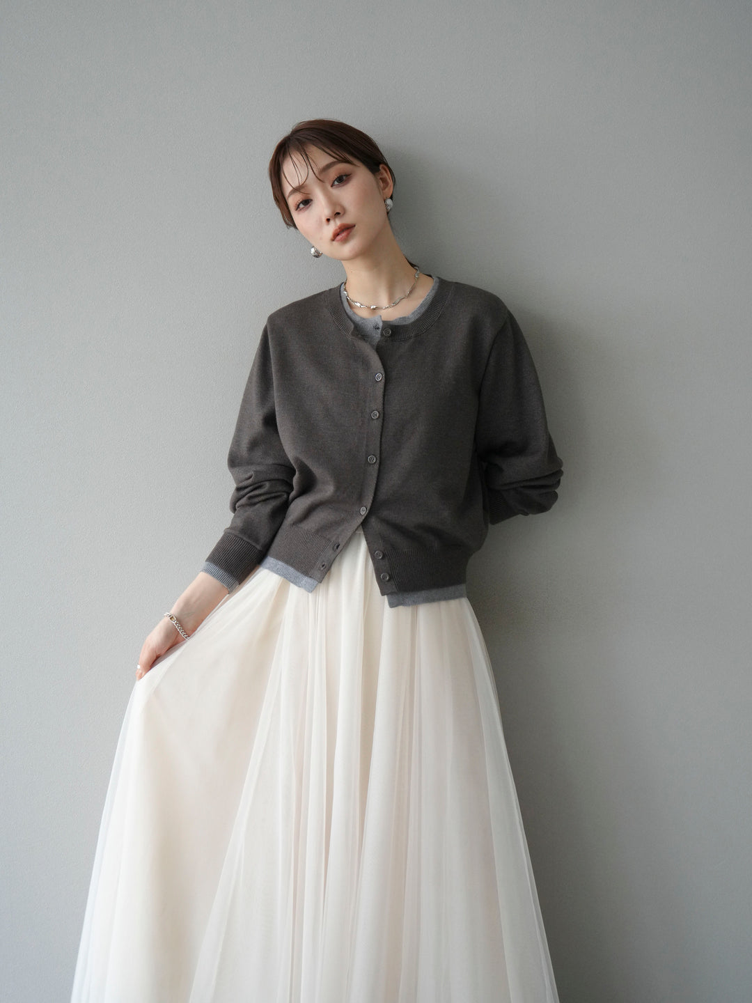 [SET]配色レイヤードカーディガン+チュールボリュームスカート(2set)