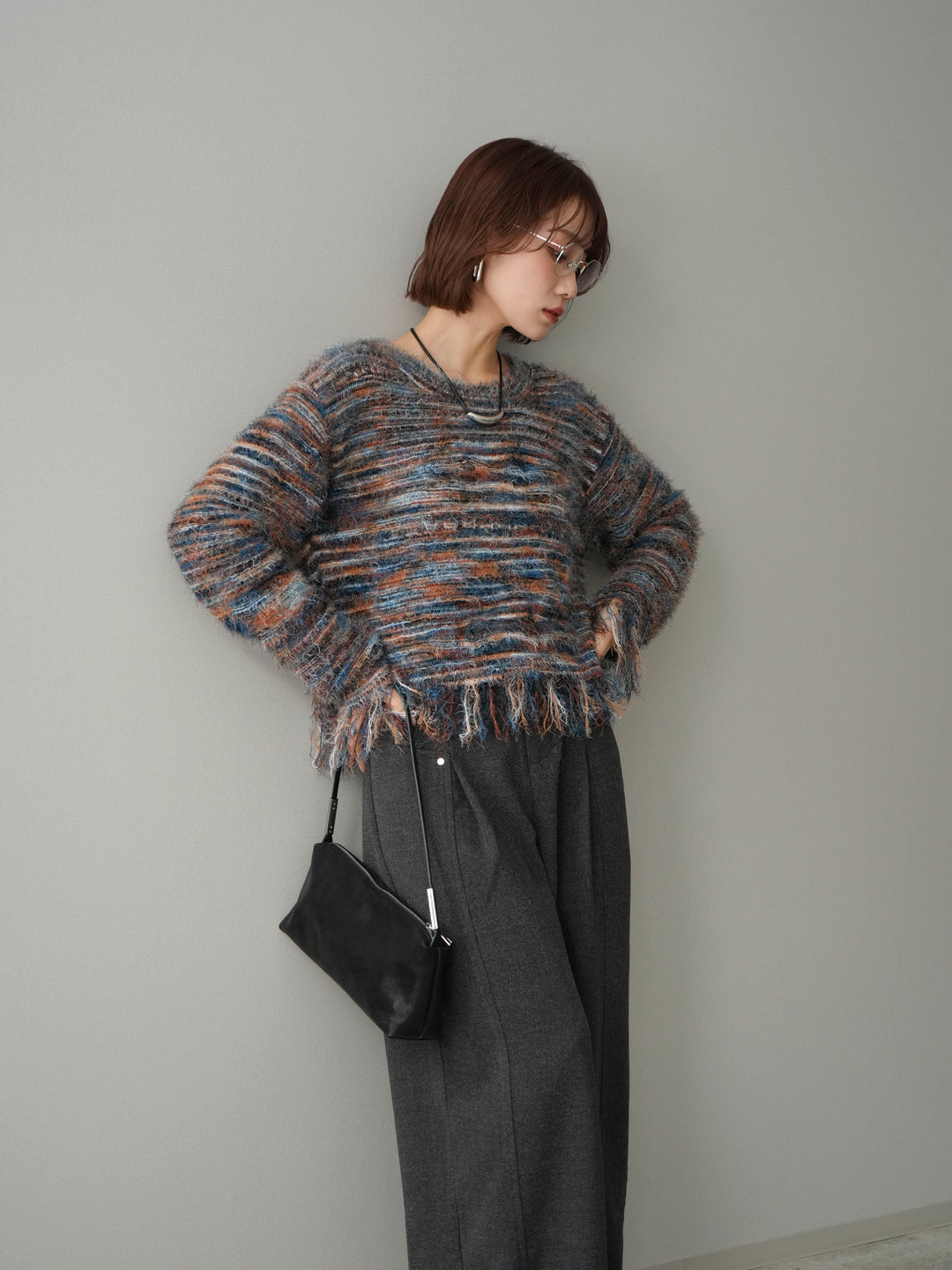 [SET]裾フリンジミックスヤーンシャギープルオーバー+ベルト付起毛コクーンパンツ(2set)