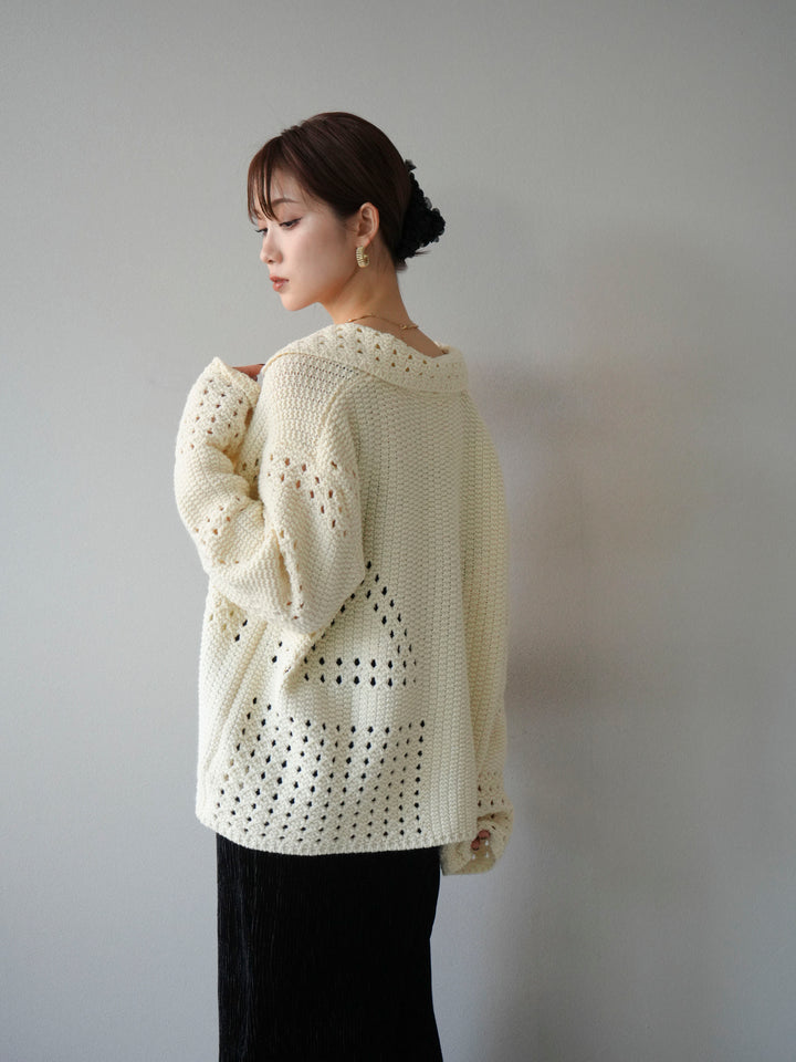 [予約]丸襟透かし編みニットカーディガン/オフ