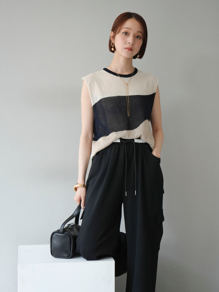 [SET]バイカラーシアーニットノースリーブ+ウエストラインサイドポケットスウェットパンツ(2set)