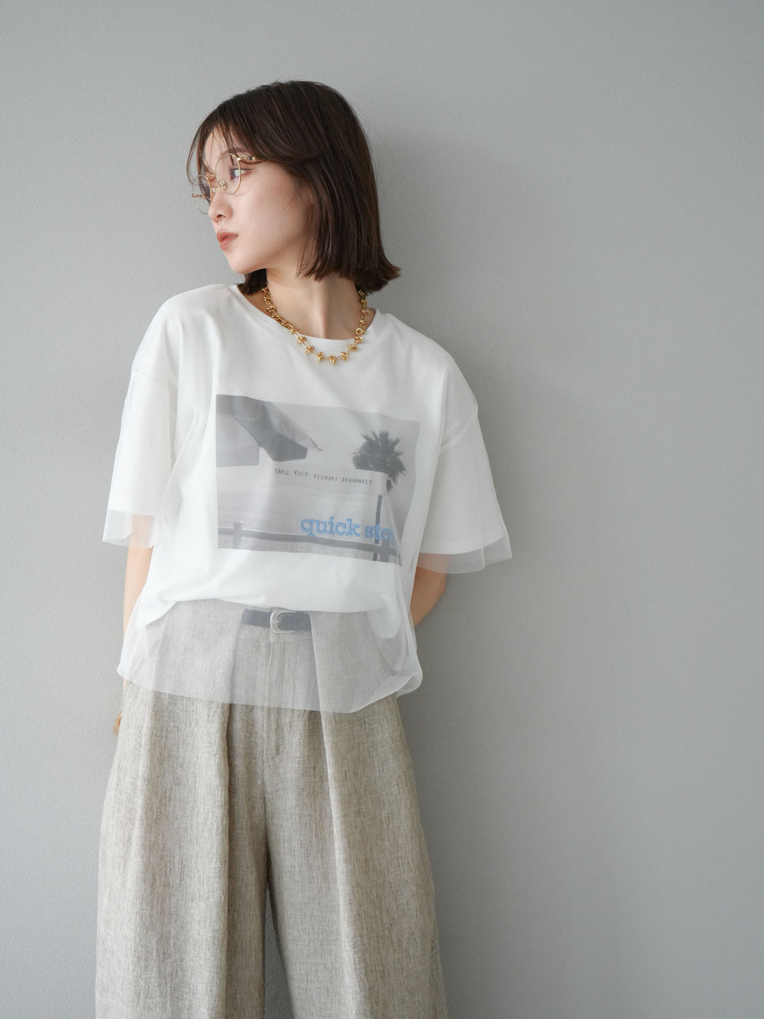 [予約]チュールドッキングフォトTシャツ/オフホワイト×ブルー