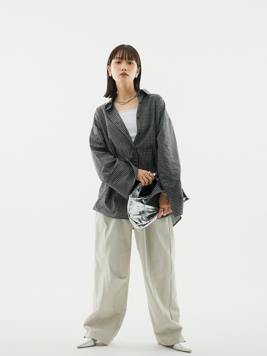 【Allure】[SET]チェックBIGカフスオーバーシャツ+タフタワイドカーブパンツ(2set)