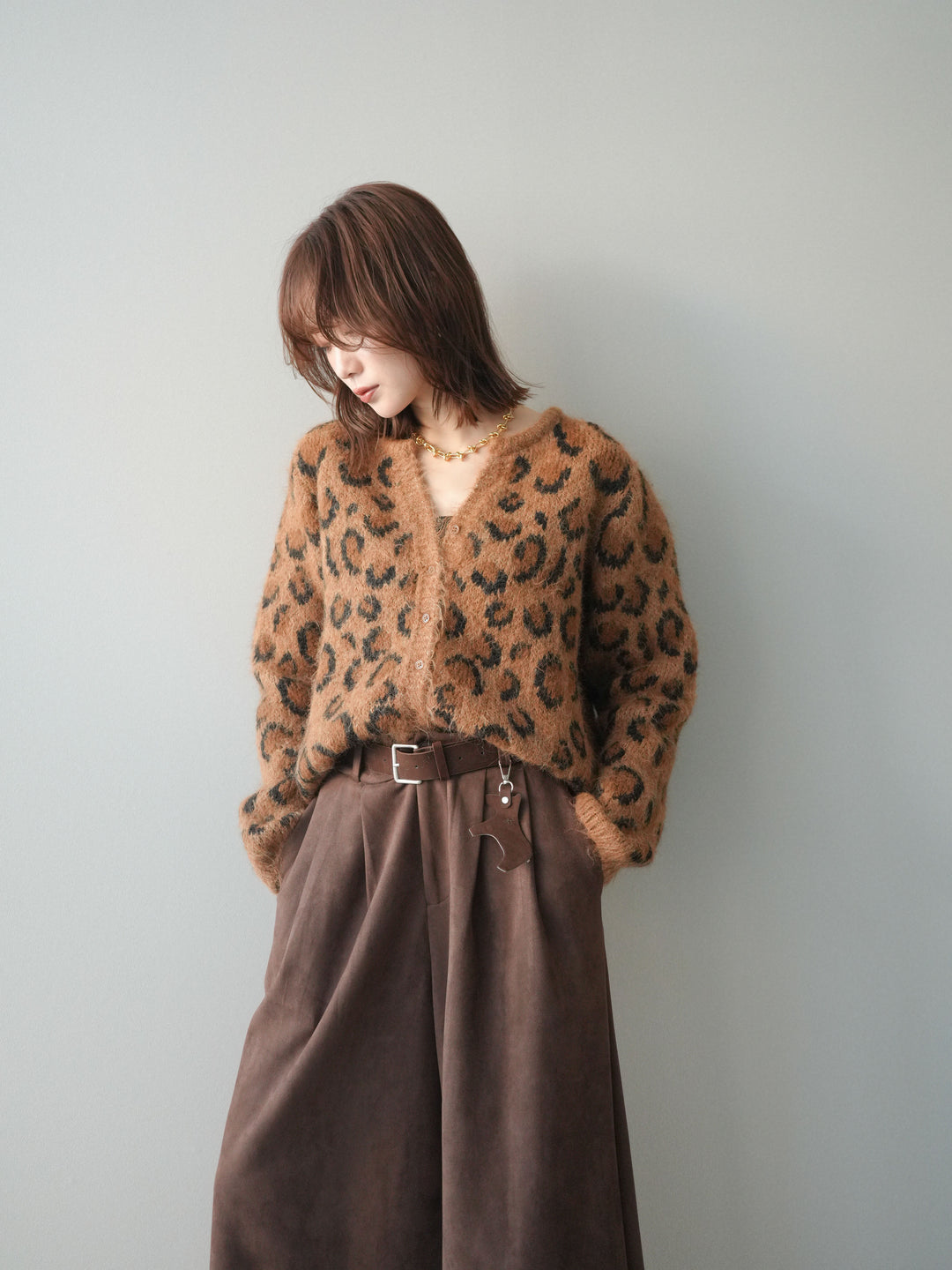 [予約]モヘアタッチレオパード柄ニットカーディガン/khaki