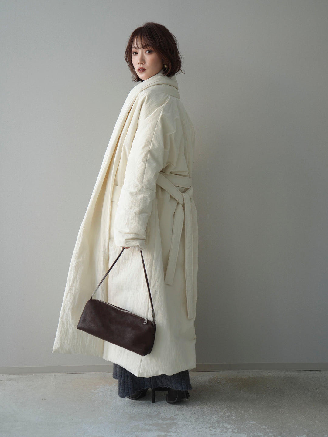 [SET]ストール付ケーブルニットプルオーバー&ロングスカートSET UP+ロングダウンコート(2set)