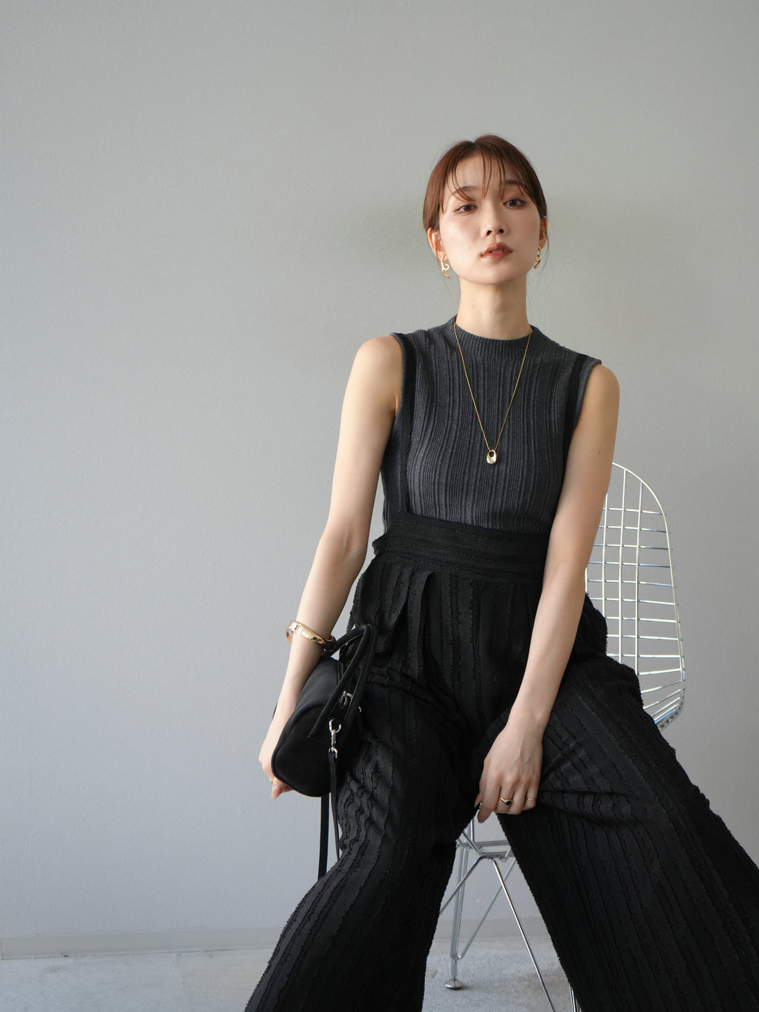 [予約]ジャガードストライプサロペット/ブラック