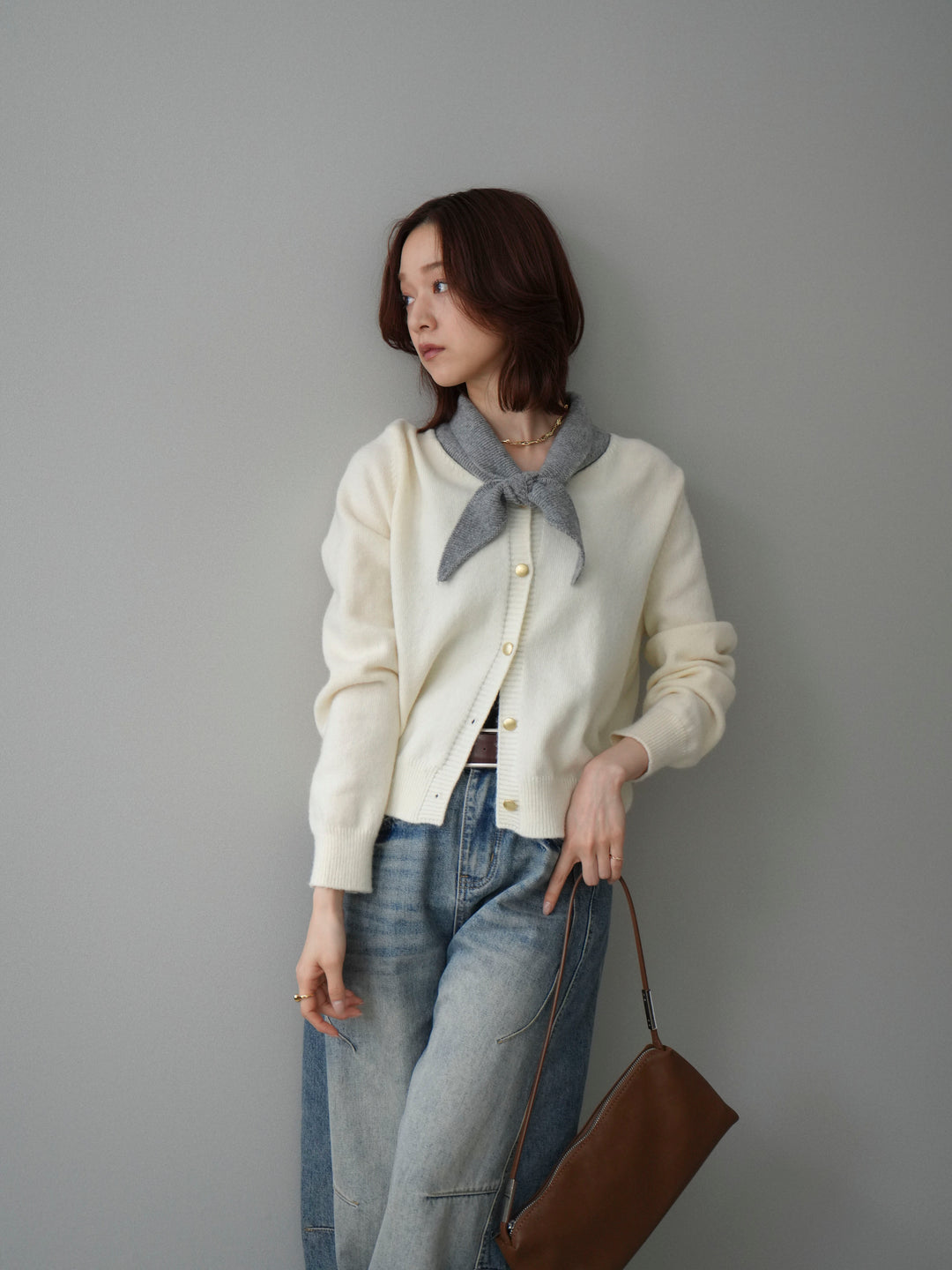 [SET]デザイン襟ニットカーディガン+ベルト付カーブデニムパンツ(2set)