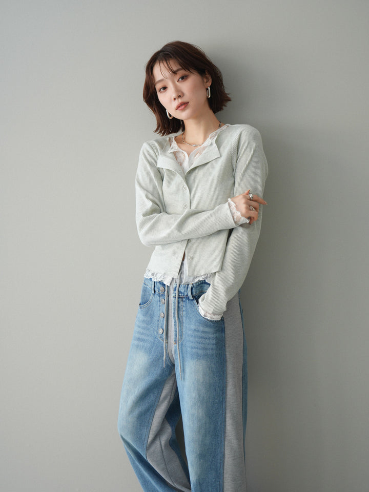 [SET]レースドッキングテレコリブカーディガン+選べるアクセセット(2set)