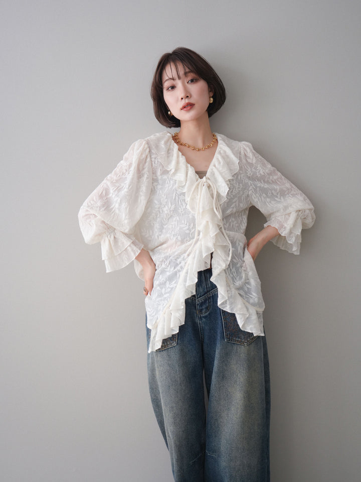 [予約]ラッフルレーススリットブラウス/ivory