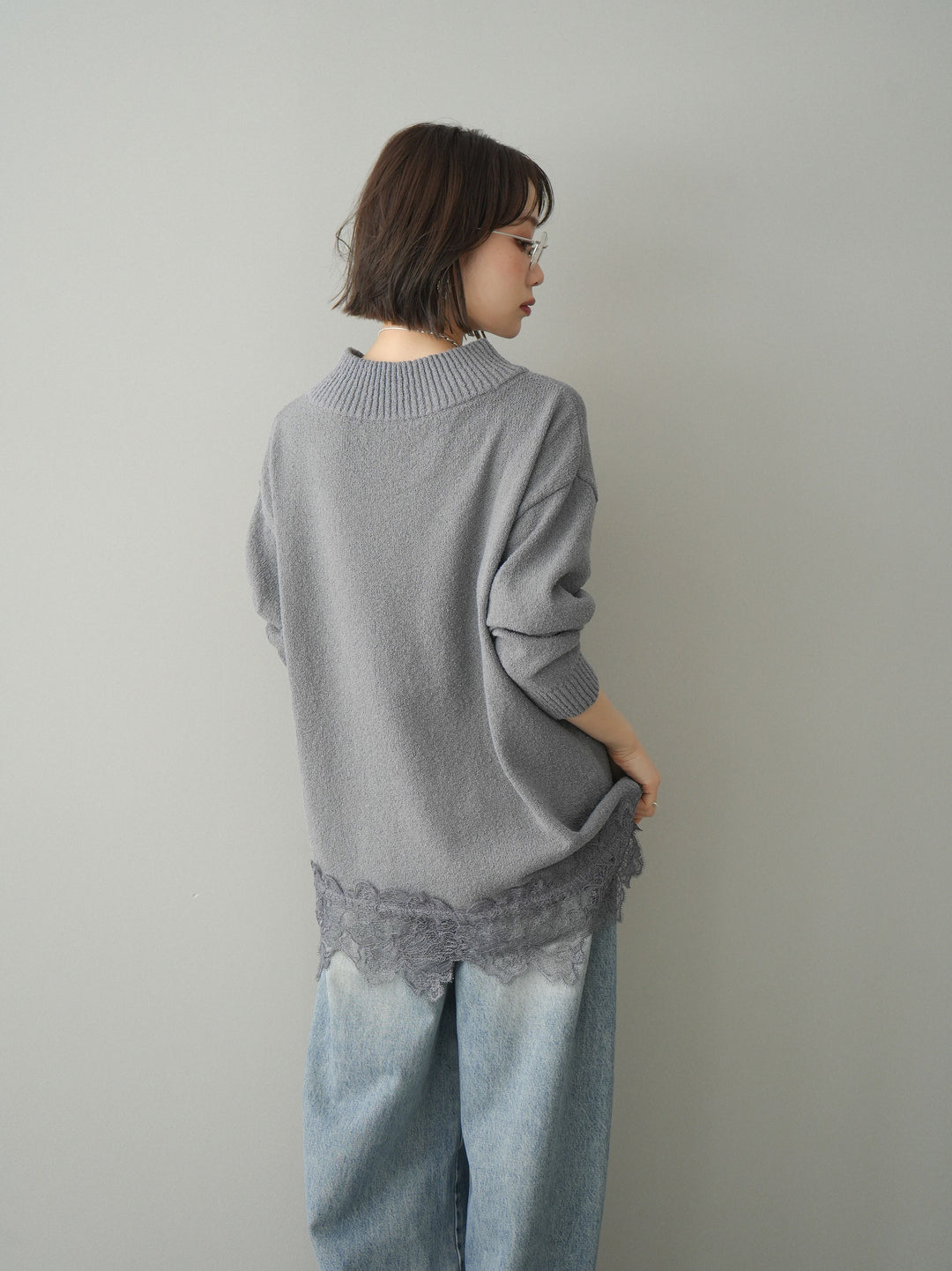 [SET]アシンメトリーレースヘムニットプルオーバー+アシンメトリーレースヘムニットプルオーバー(2set)