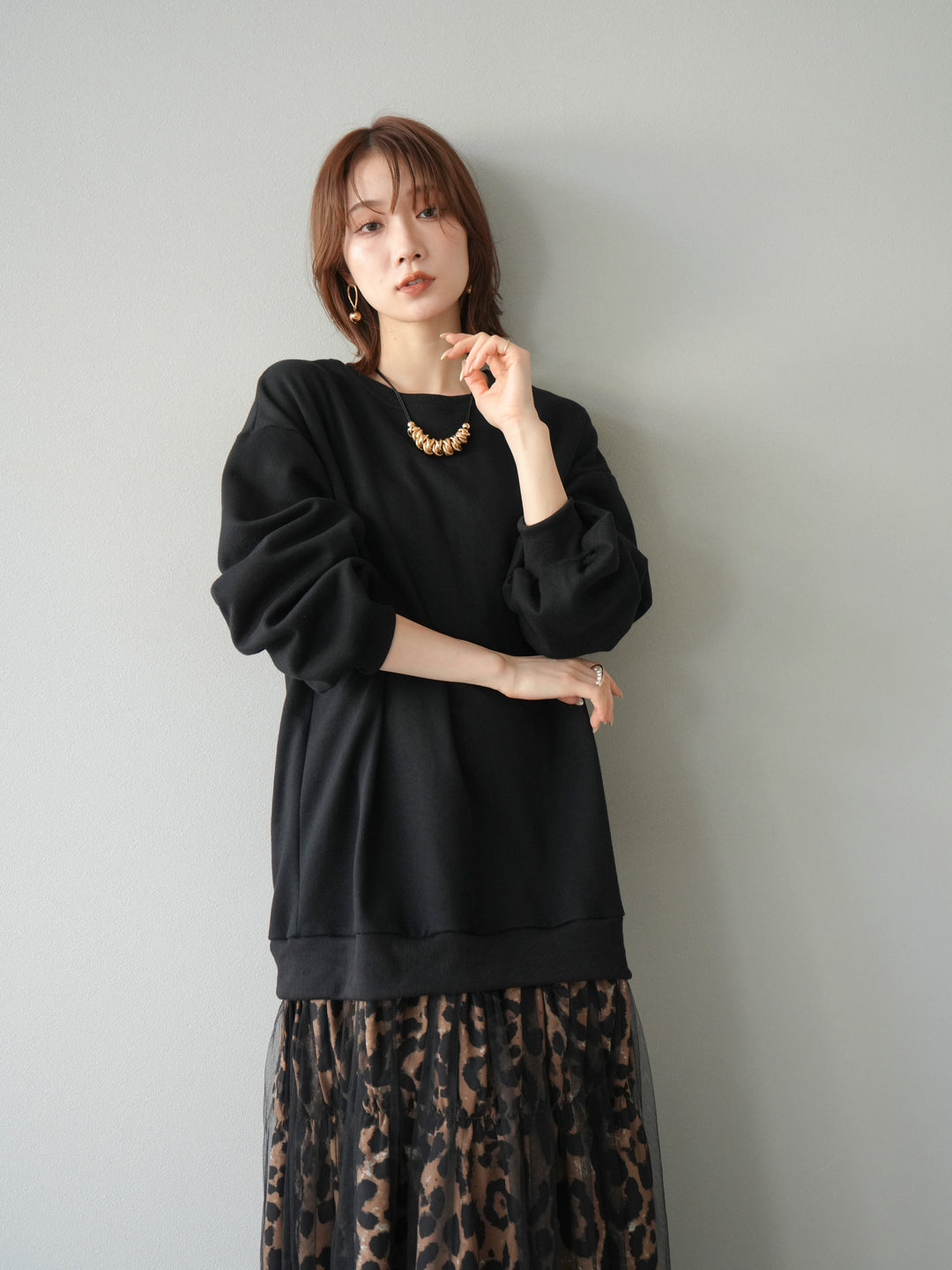 [予約]スウェットドッキングアニマル柄レイヤードワンピース/ブラック