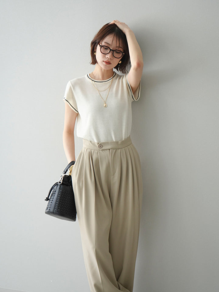 [SET]配色ハーフスリーブニットトップス+メニータックワイドパンツ(2set)