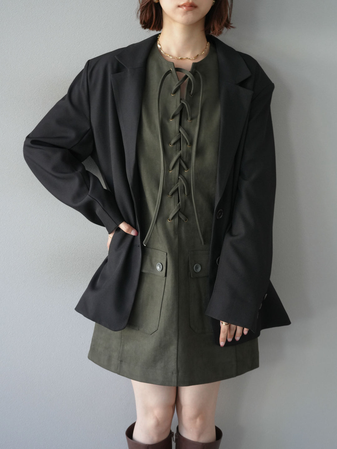 [予約]レースアップスエードミニワンピース/カーキ