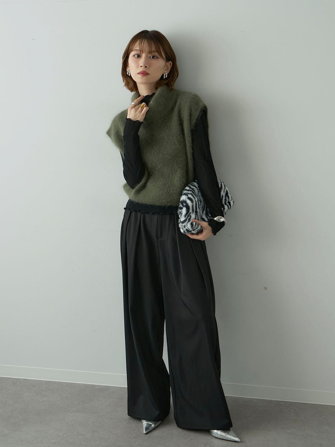 [SET]シャギータートルニットベスト+ツイルタックワイドパンツ(2set)