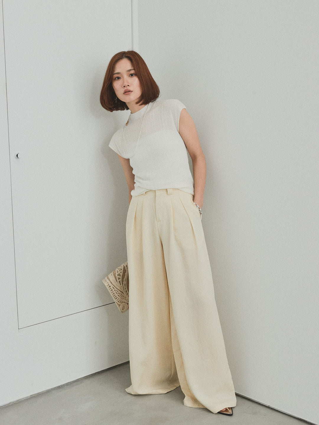 [SET] 法式袖透視針織上衣 + 亞麻觸感褶皺寬褲 (2set)