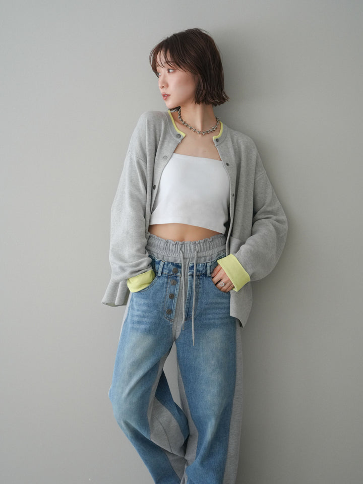 [SET]バイカラーオーバーニットカーディガン+デニム切替スウェットパンツ(2set)