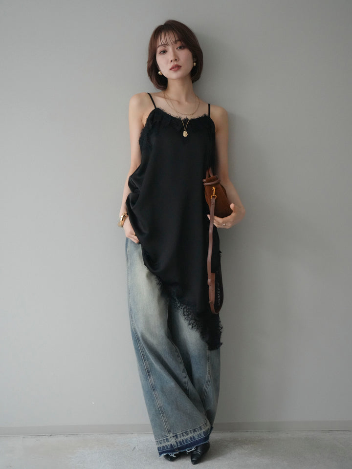 [予約]アシンメトリーサテンレースキャミソール/black