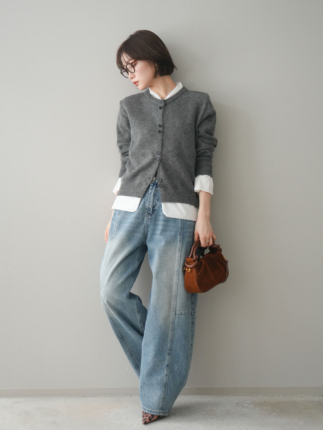 [SET]布帛ドッキングニットカーディガン+ガーメントウォッシュカーブデニムパンツ(2set)