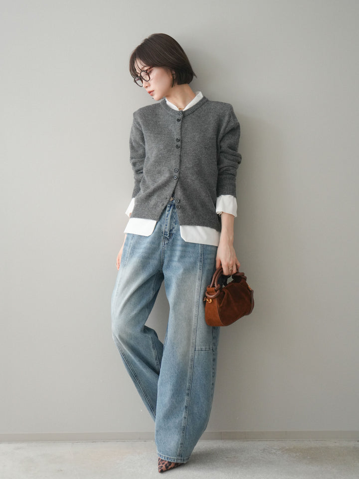 [SET]布帛ドッキングニットカーディガン+ガーメントウォッシュカーブデニムパンツ(2set)