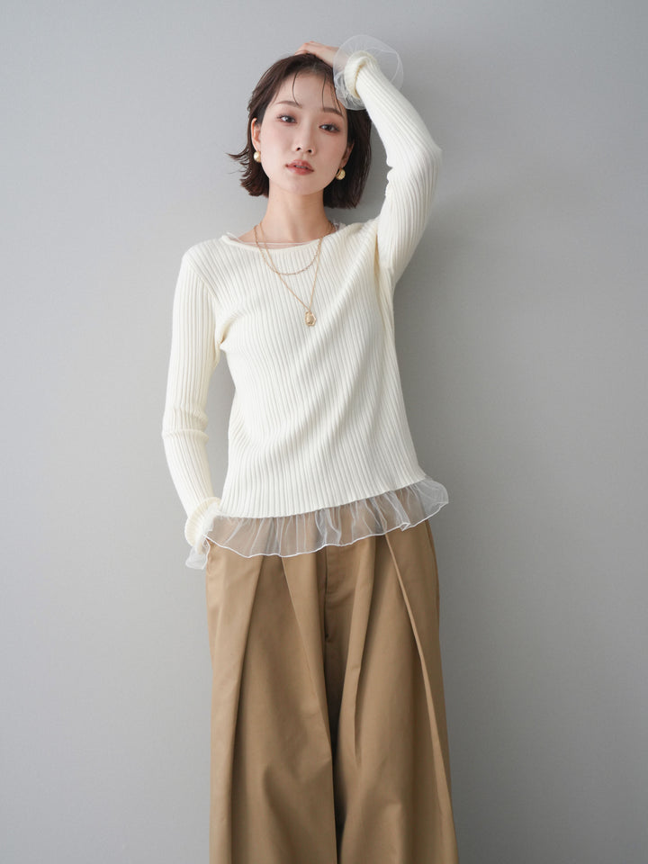 [予約]チュールレイヤードリブニットトップス/ivory